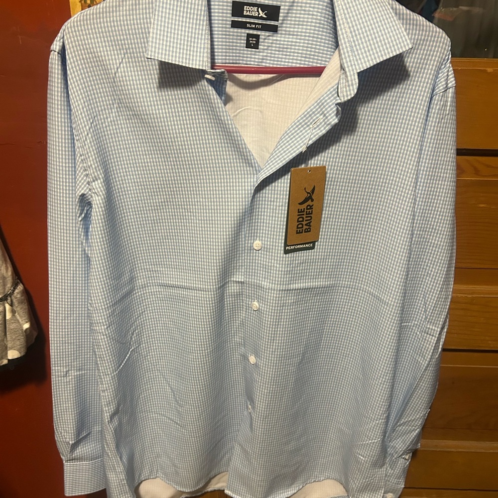 Eddie Bauer Men's Blue Checkered Dress Shirt